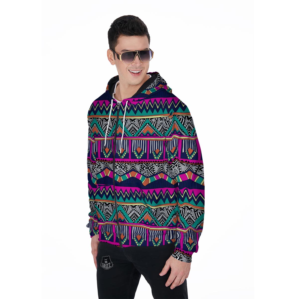 Multicolor Native Aztec Doodle Abstract Men's Zip Up Hoodie-grizzshop