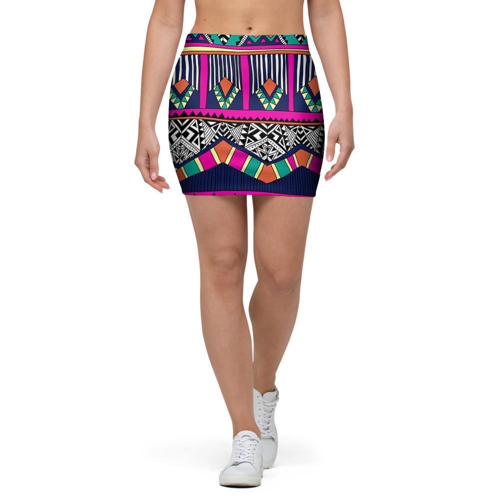 Multicolor Native Aztec Doodle Abstract Mini Skirt-grizzshop
