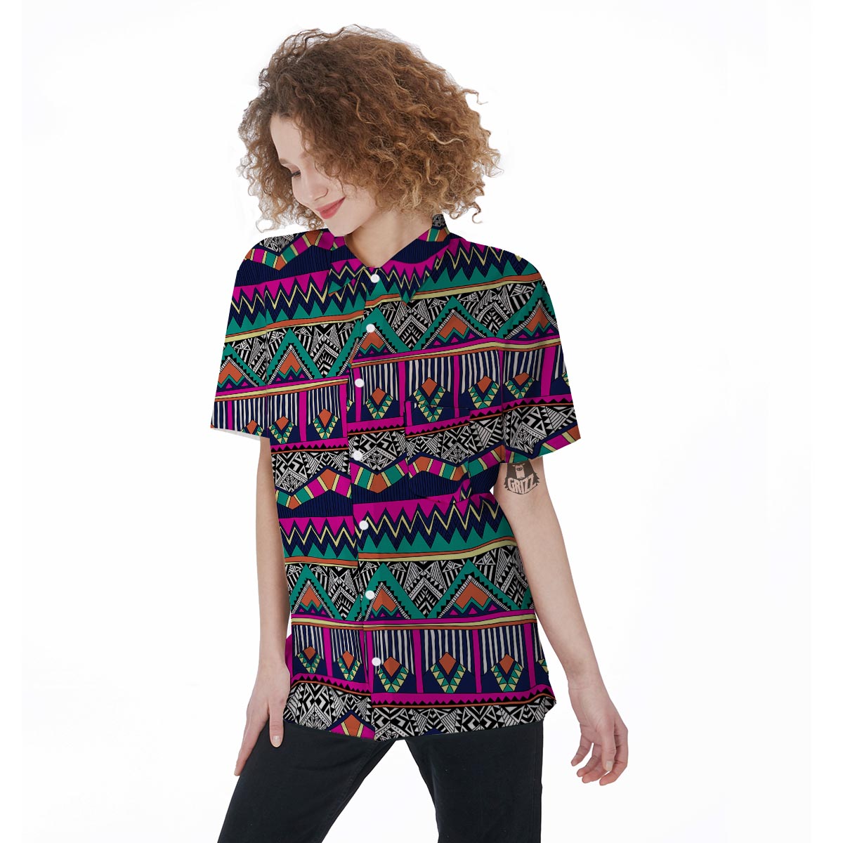 Multicolor Native Aztec Doodle Abstract Women's Short Sleeve Shirts-grizzshop