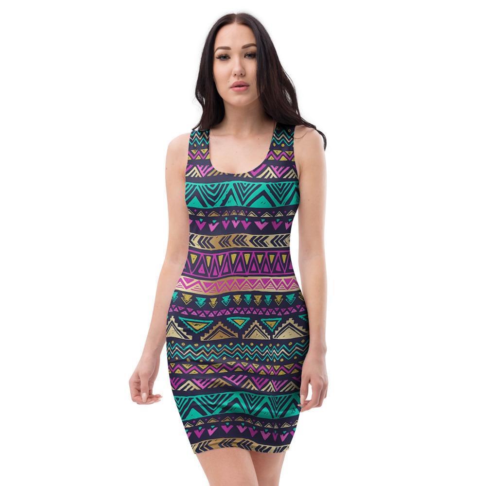 Multicolor Native Aztec Doodle Bodycon Dress-grizzshop