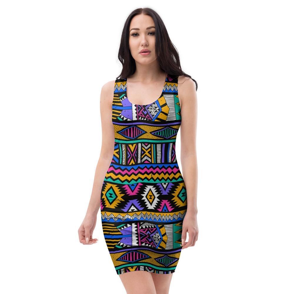 Multicolor Native Aztec Doodle Element Bodycon Dress-grizzshop