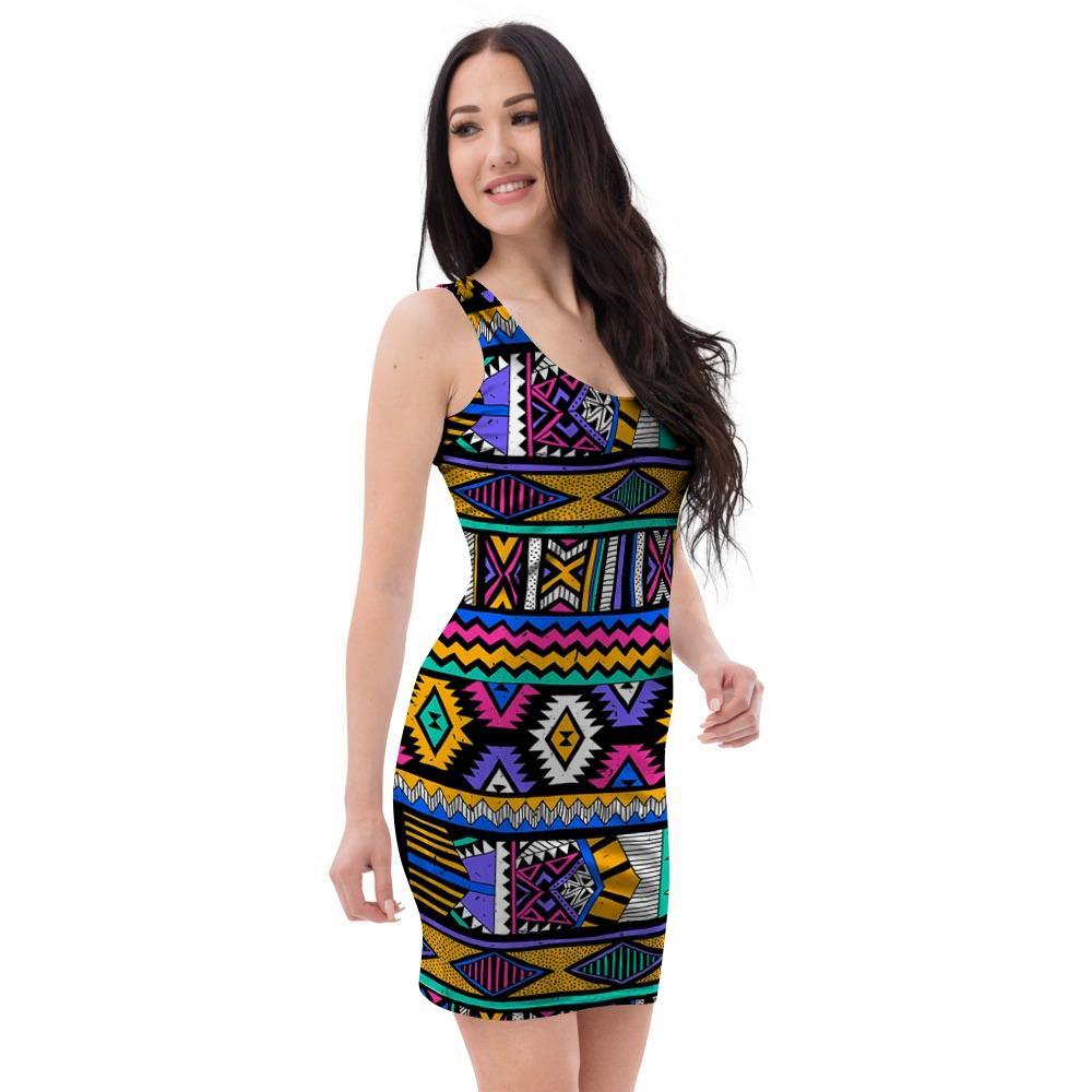 Multicolor Native Aztec Doodle Element Bodycon Dress-grizzshop