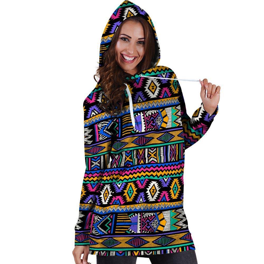 Multicolor Native Aztec Doodle Element Hoodie Dress-grizzshop
