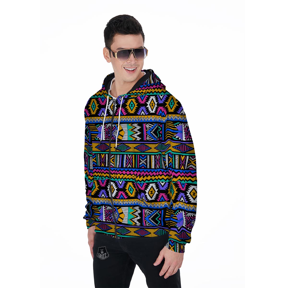 Multicolor Native Aztec Doodle Element Men's Zip Up Hoodie-grizzshop