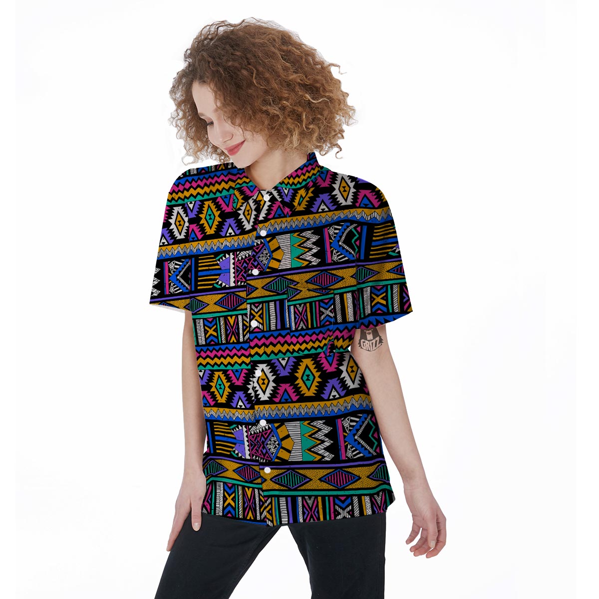 Multicolor Native Aztec Doodle Element Women's Short Sleeve Shirts-grizzshop