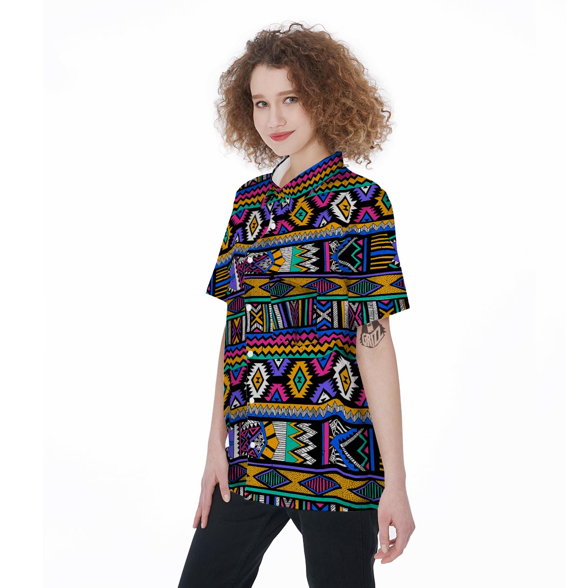 Multicolor Native Aztec Doodle Element Women's Short Sleeve Shirts-grizzshop