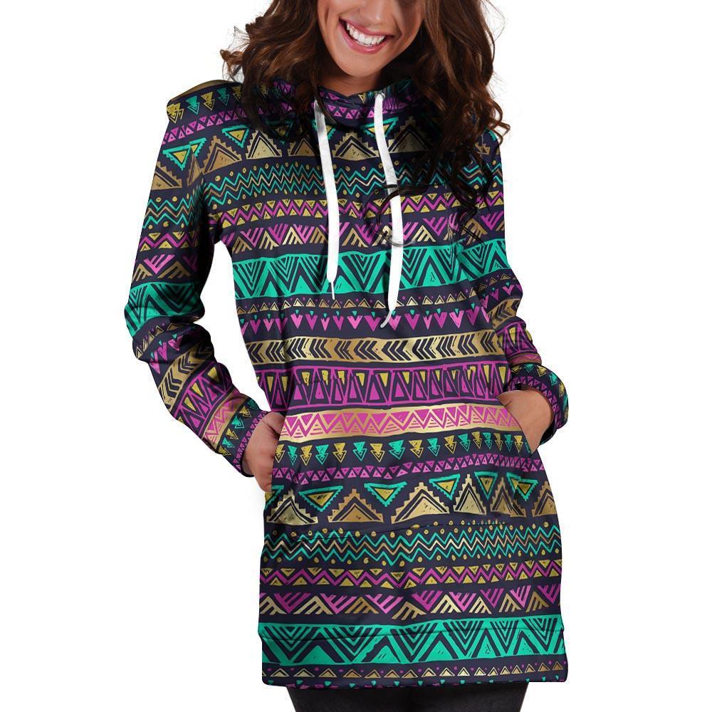Multicolor Native Aztec Doodle Hoodie Dress-grizzshop