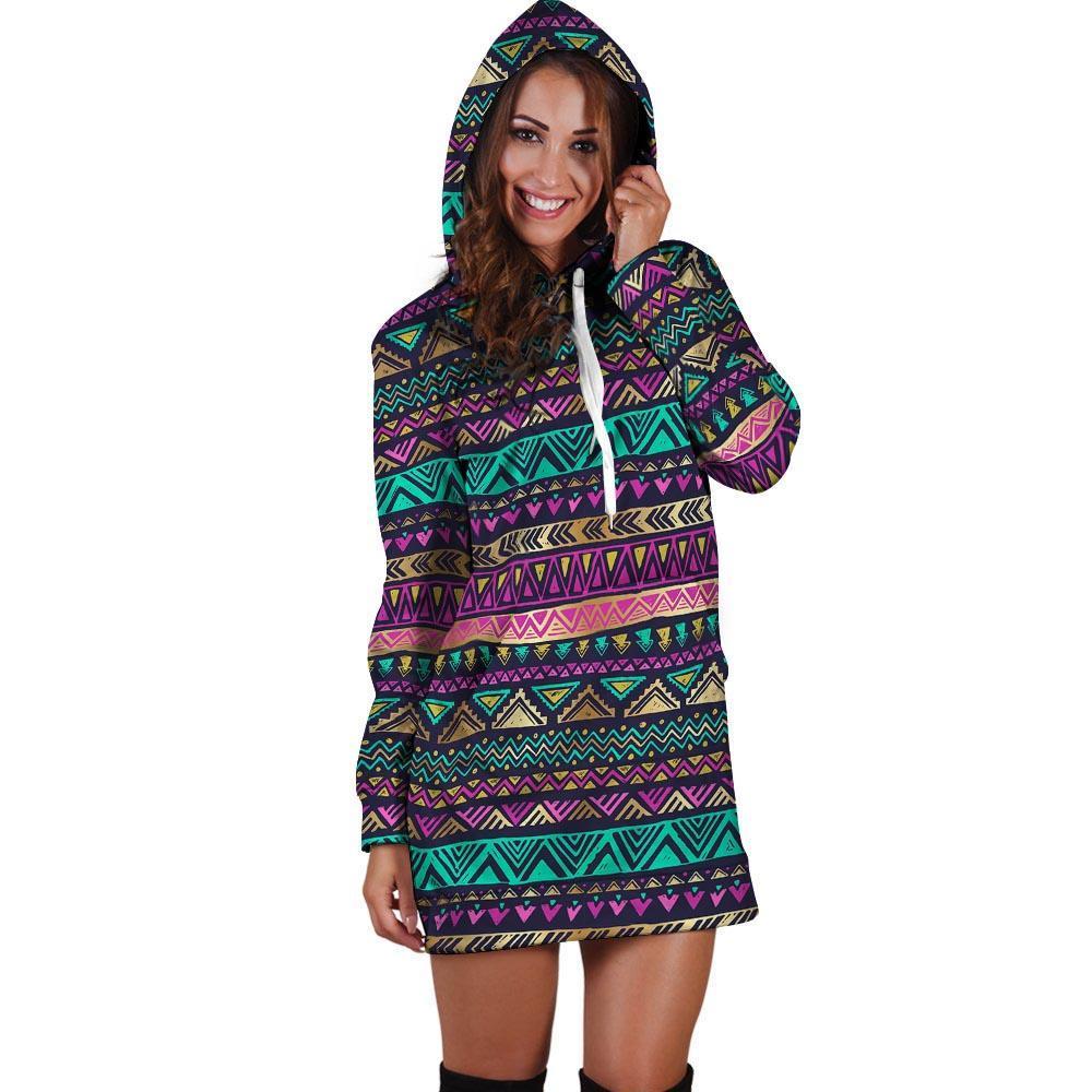 Multicolor Native Aztec Doodle Hoodie Dress-grizzshop
