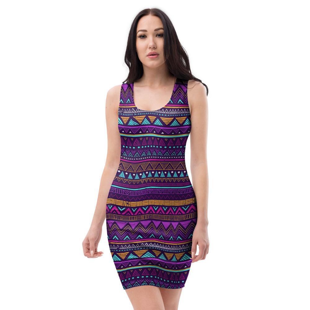 Multicolor Native Aztec Doodle Striped Bodycon Dress-grizzshop