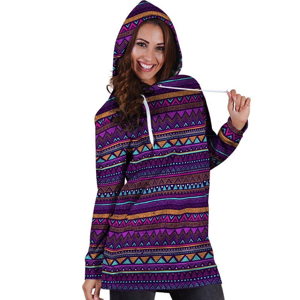 Multicolor Native Aztec Doodle Striped Hoodie Dress-grizzshop
