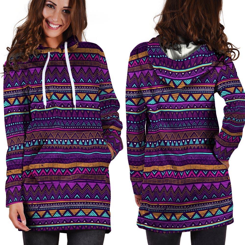 Multicolor Native Aztec Doodle Striped Hoodie Dress-grizzshop
