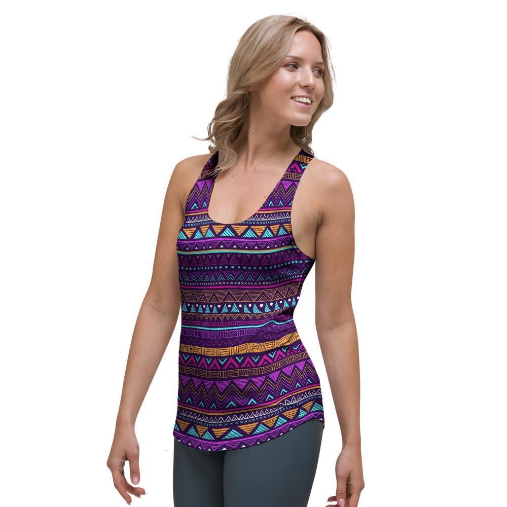 Multicolor Native Aztec Doodle Striped Women's Racerback Tank Top-grizzshop