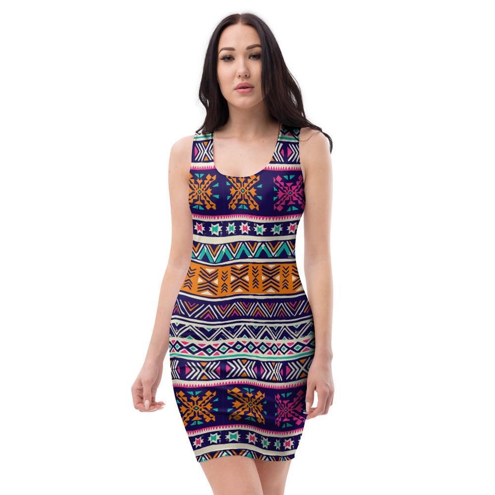 Multicolor Native Aztec Geometric Hipster Bodycon Dress-grizzshop