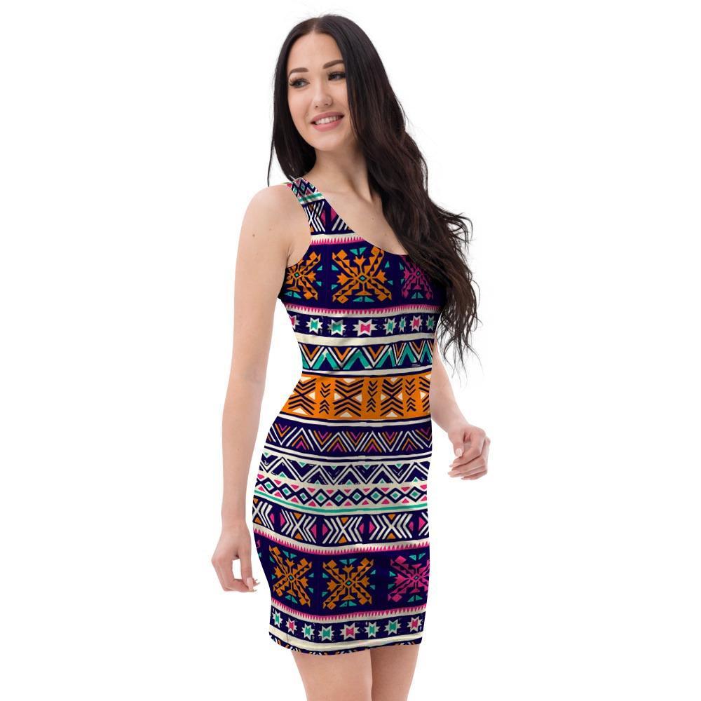 Multicolor Native Aztec Geometric Hipster Bodycon Dress-grizzshop