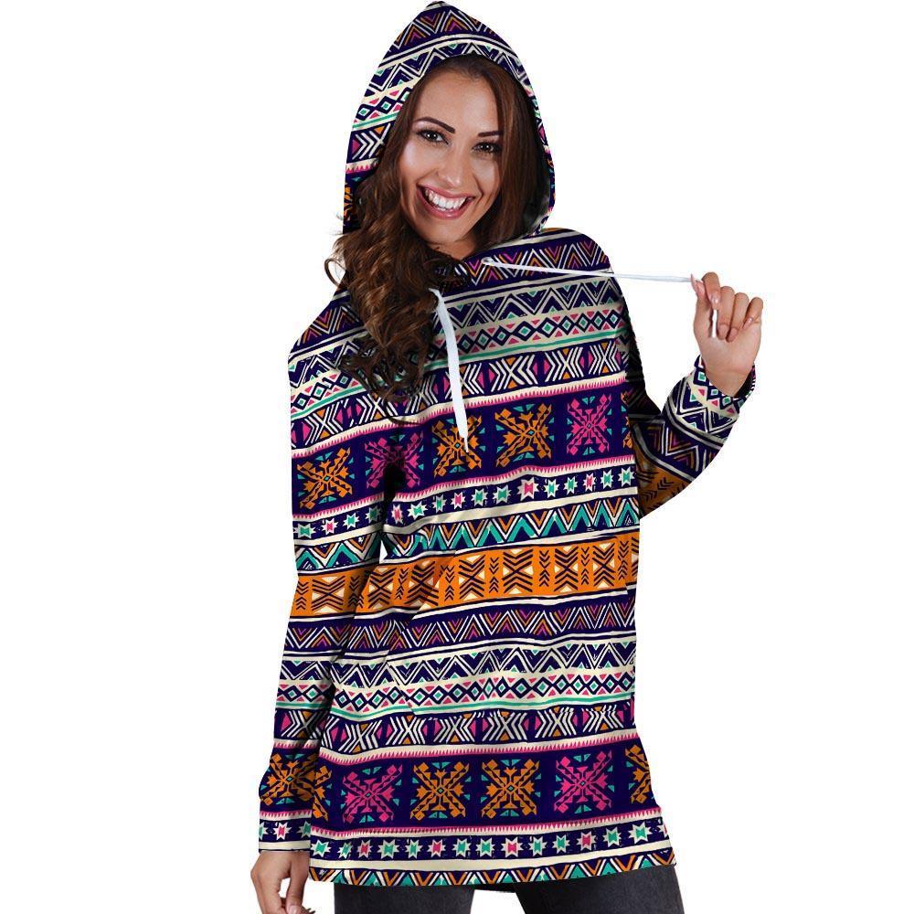 Multicolor Native Aztec Geometric Hipster Hoodie Dress-grizzshop