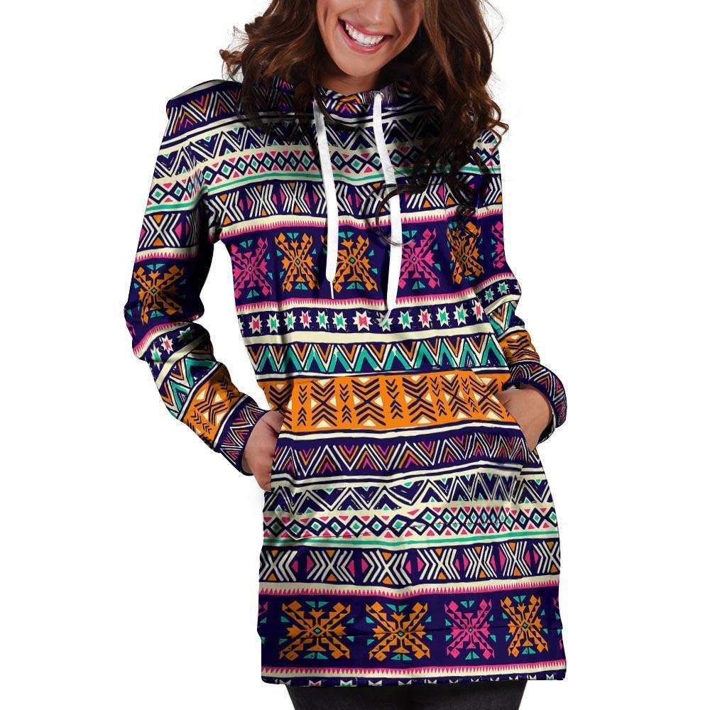 Multicolor Native Aztec Geometric Hipster Hoodie Dress-grizzshop