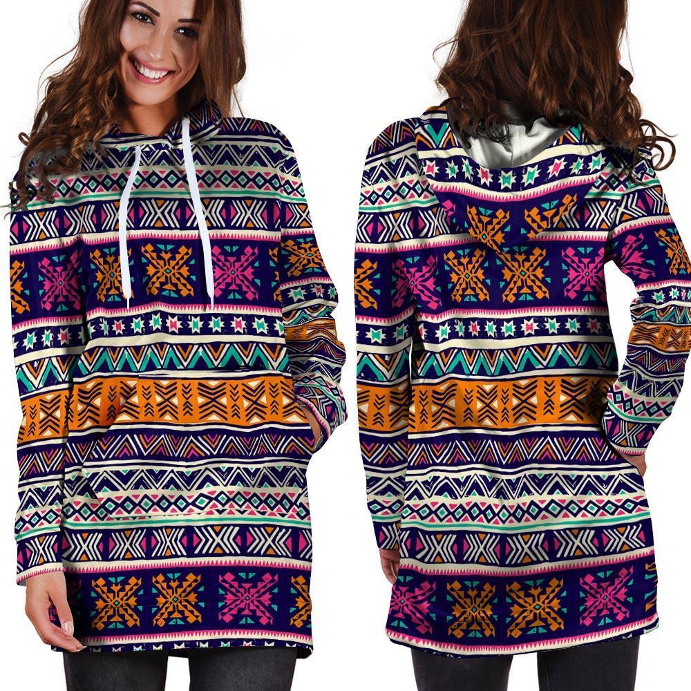 Multicolor Native Aztec Geometric Hipster Hoodie Dress-grizzshop