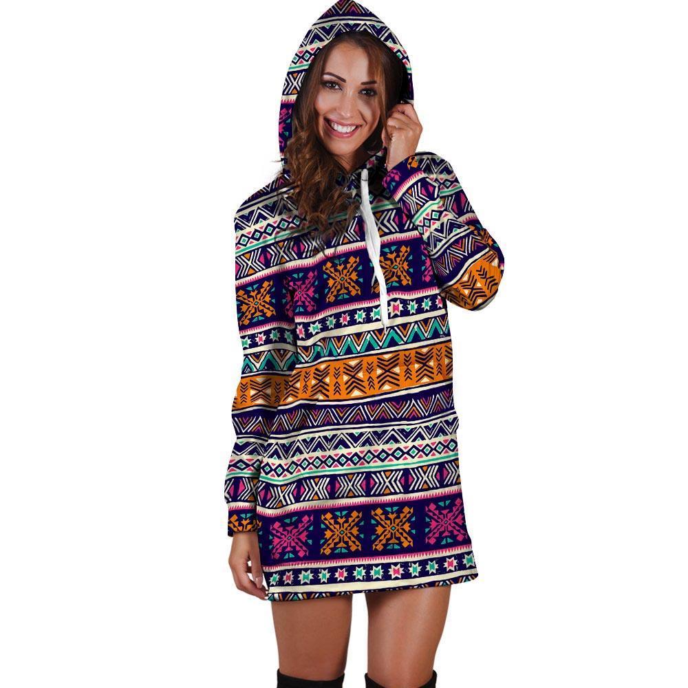 Multicolor Native Aztec Geometric Hipster Hoodie Dress-grizzshop