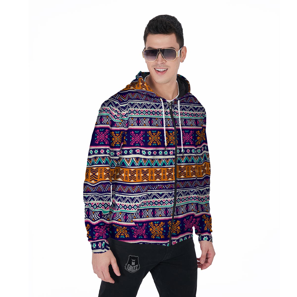 Multicolor Native Aztec Geometric Hipster Men's Zip Up Hoodie-grizzshop