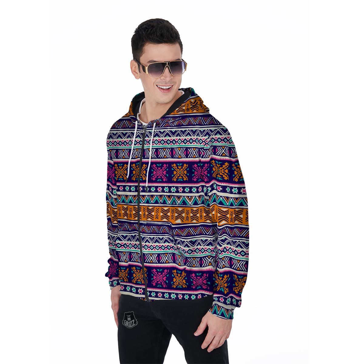 Multicolor Native Aztec Geometric Hipster Men's Zip Up Hoodie-grizzshop