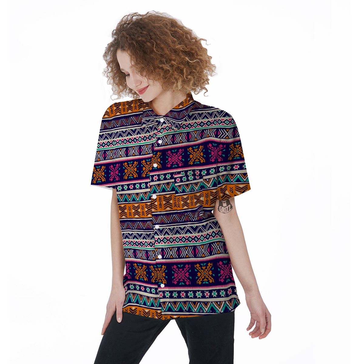 Multicolor Native Aztec Geometric Hipster Women's Short Sleeve Shirts-grizzshop