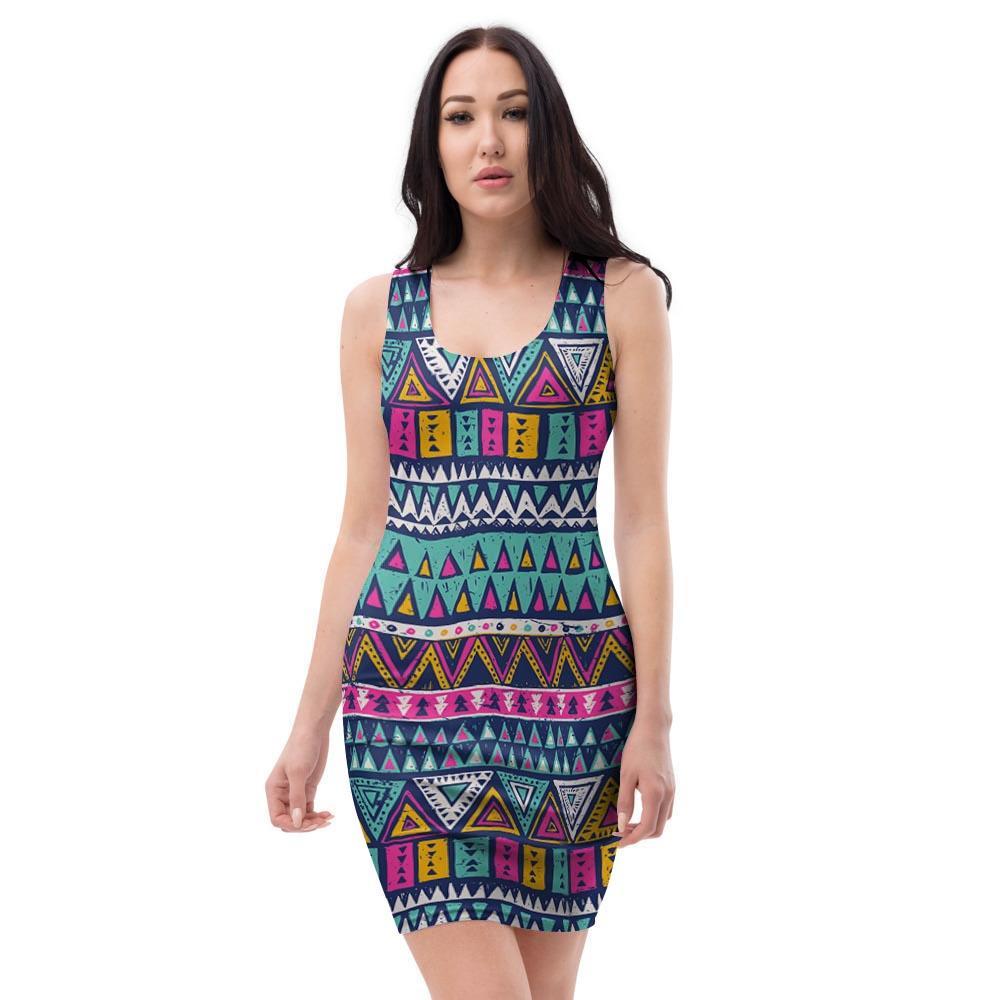 Multicolor Native Aztec Trippy Striped Bodycon Dress-grizzshop