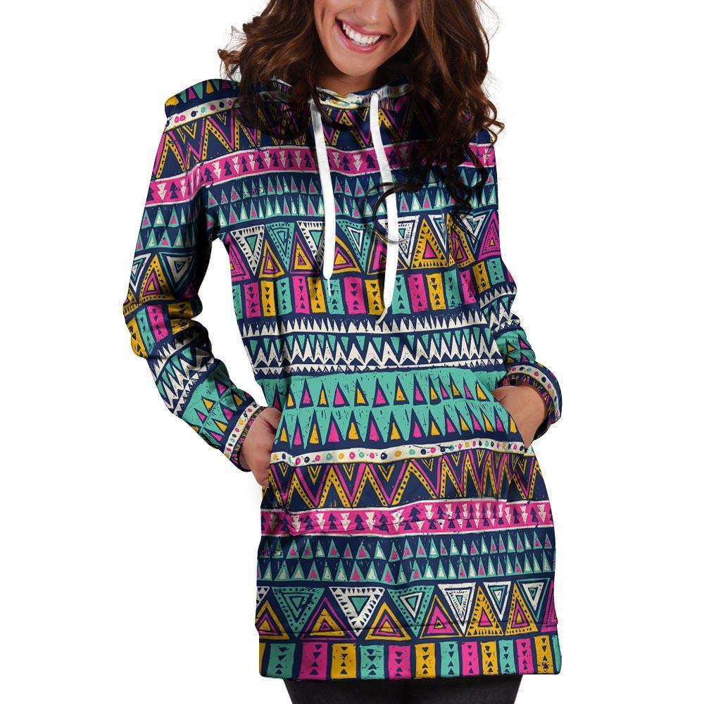 Multicolor Native Aztec Trippy Striped Hoodie Dress-grizzshop
