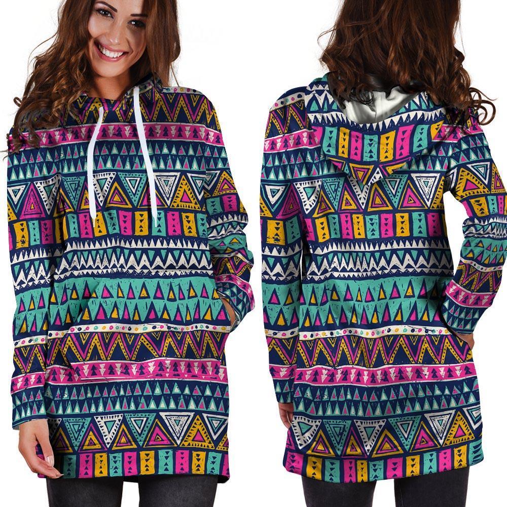 Multicolor Native Aztec Trippy Striped Hoodie Dress-grizzshop