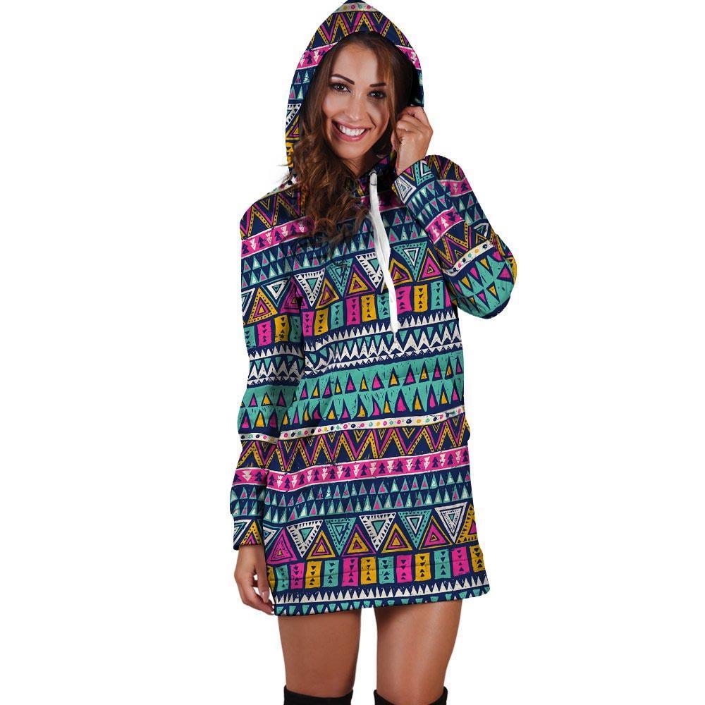 Multicolor Native Aztec Trippy Striped Hoodie Dress-grizzshop