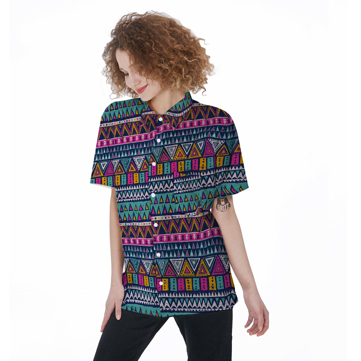 Multicolor Native Aztec Trippy Striped Women's Short Sleeve Shirts-grizzshop