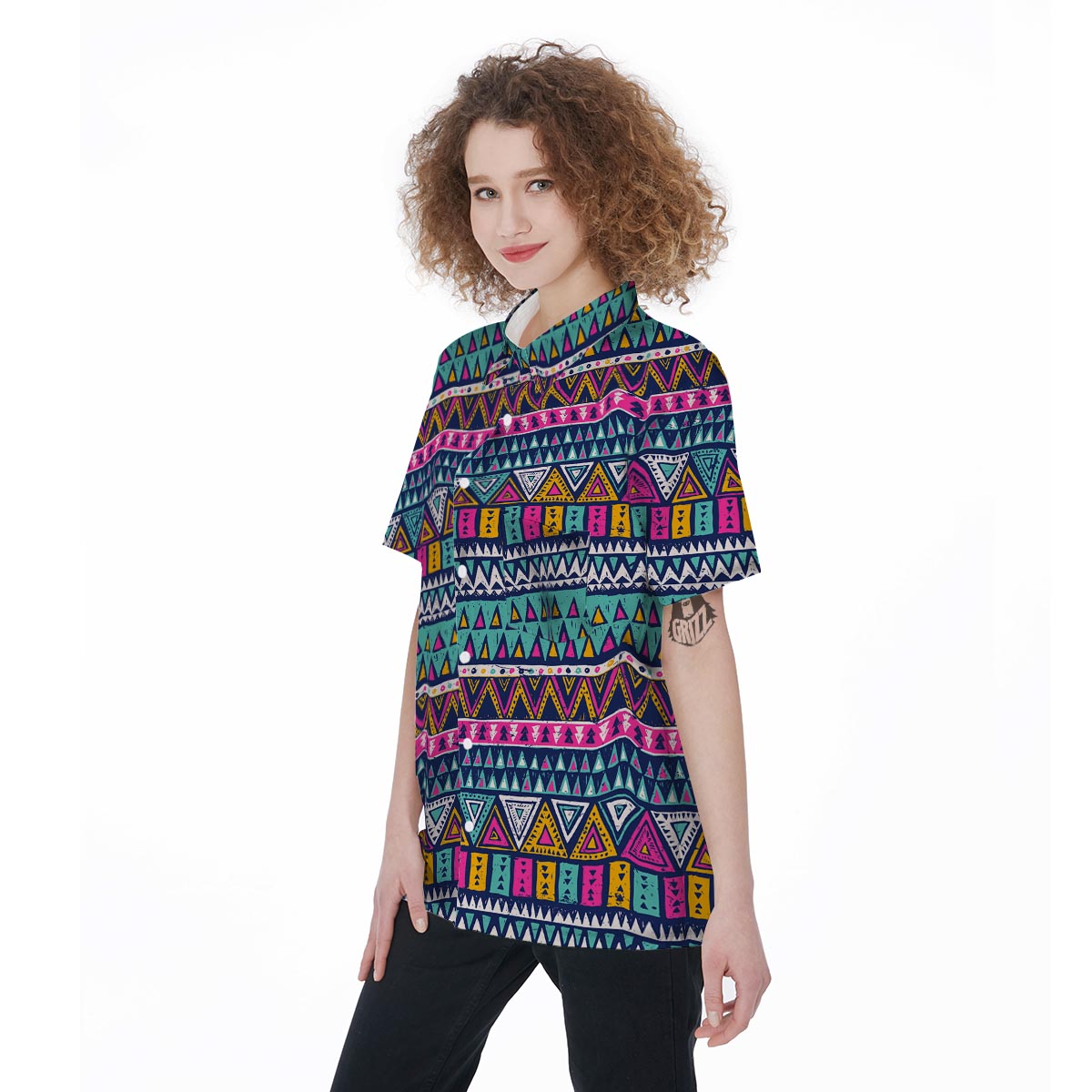 Multicolor Native Aztec Trippy Striped Women's Short Sleeve Shirts-grizzshop
