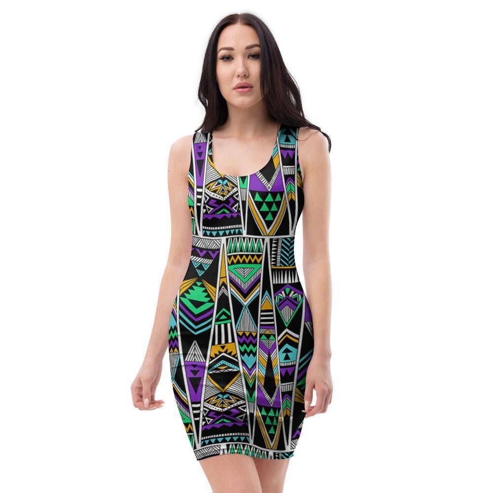 Multicolor Native Aztec Vintage Trippy Bodycon Dress-grizzshop
