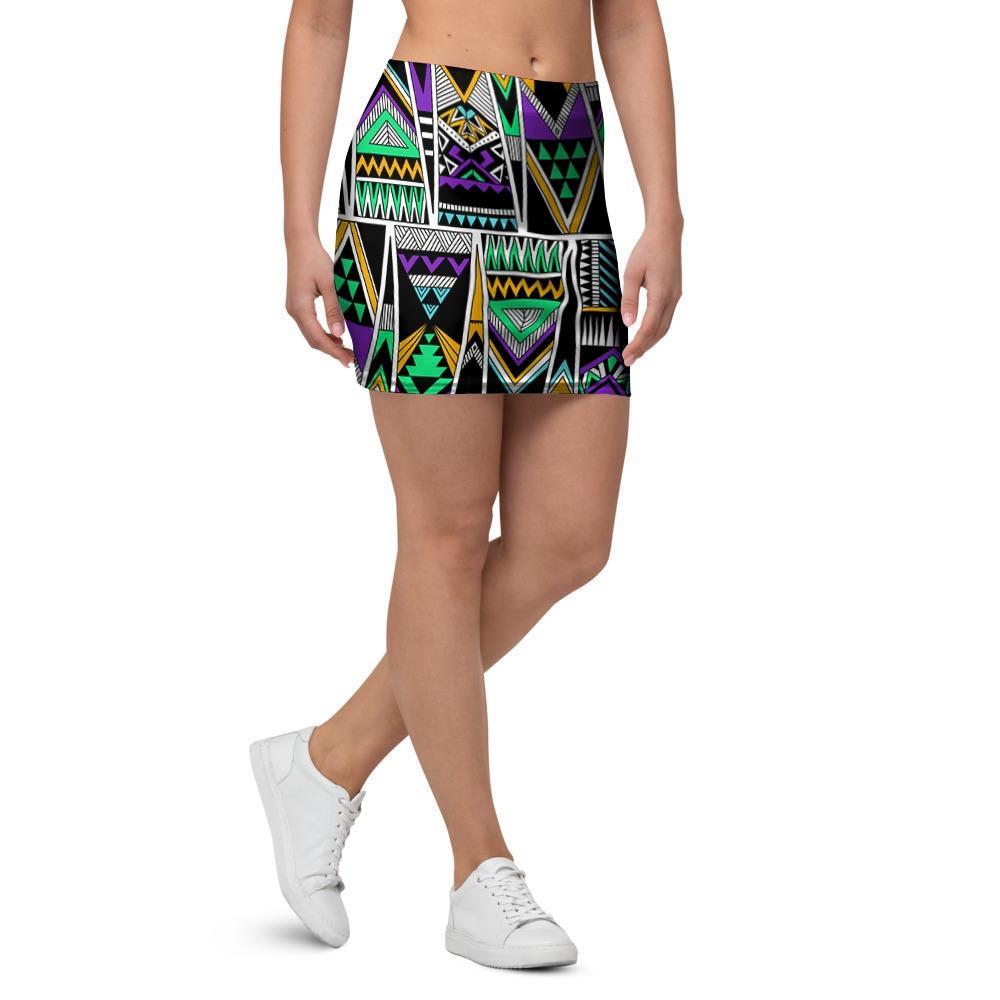 Multicolor Native Aztec Vintage Trippy Mini Skirt-grizzshop