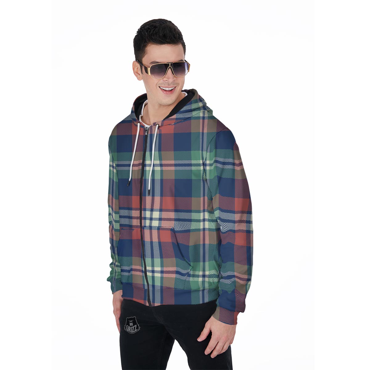 Multicolor Plaid Tartan Men's Zip Up Hoodie-grizzshop