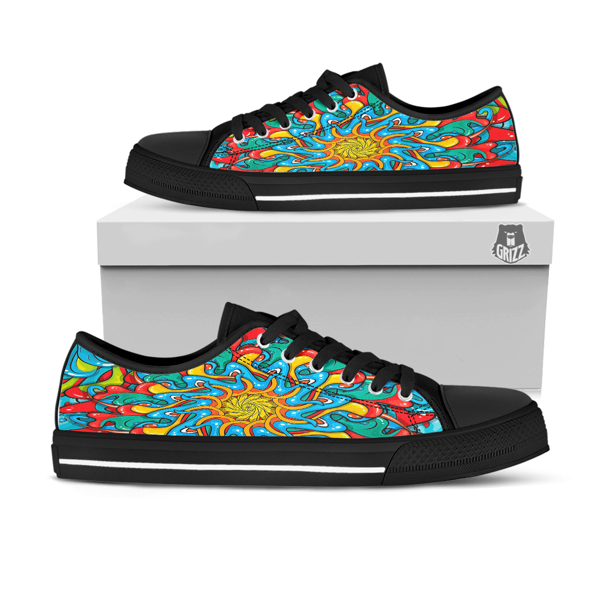 Multicolor Psychedelic Hippie Print Black Low Top Shoes-grizzshop