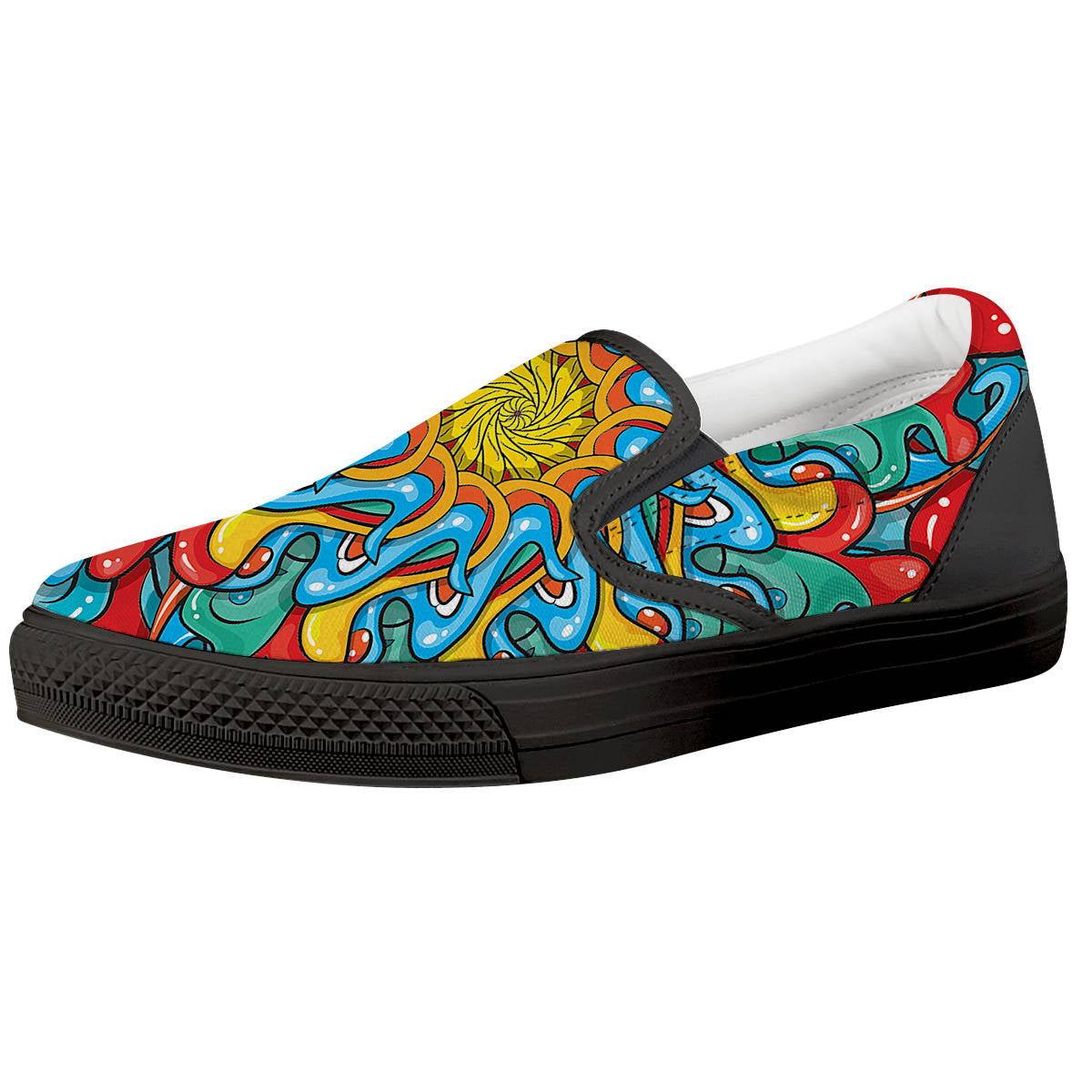 Multicolor Psychedelic Hippie Print Black Slip On Shoes-grizzshop