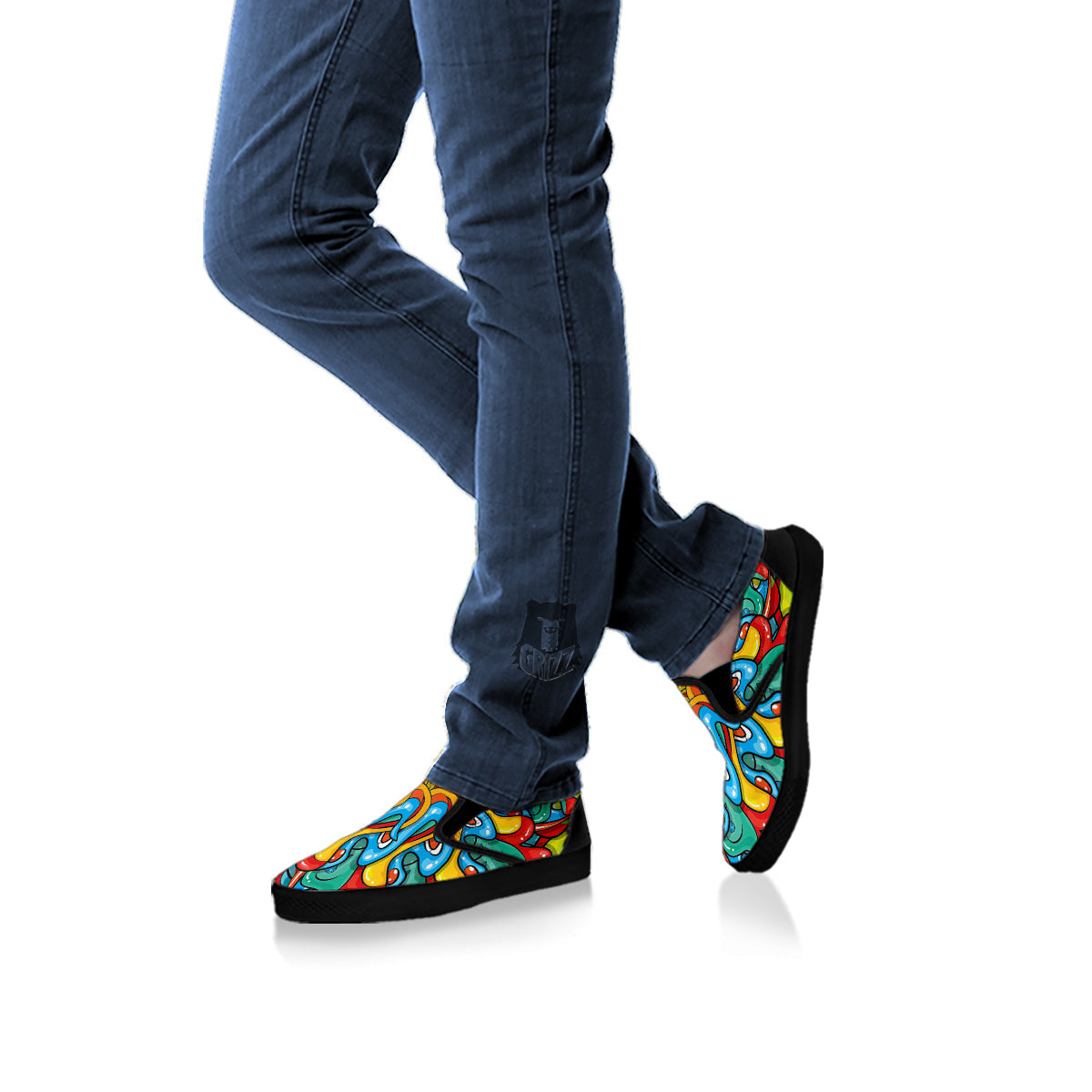 Multicolor Psychedelic Hippie Print Black Slip On Shoes-grizzshop