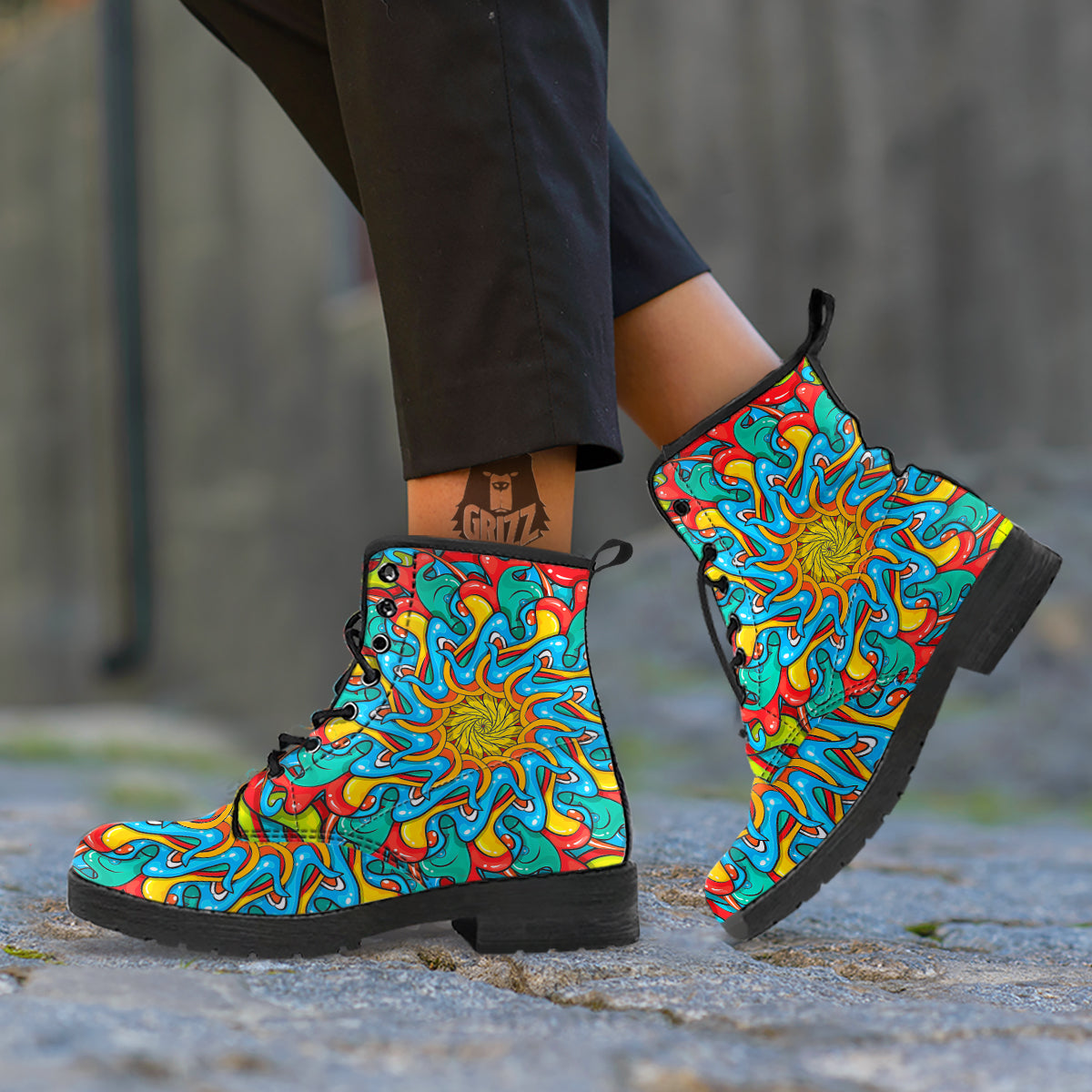 Multicolor Psychedelic Hippie Print Leather Boots-grizzshop