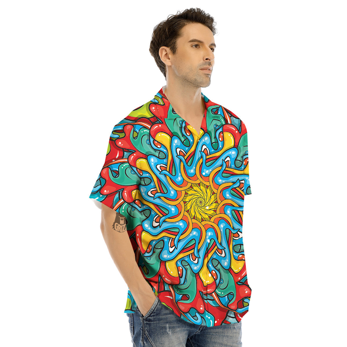 Multicolor Psychedelic Hippie Print Men's Hawaiian Shirt-grizzshop