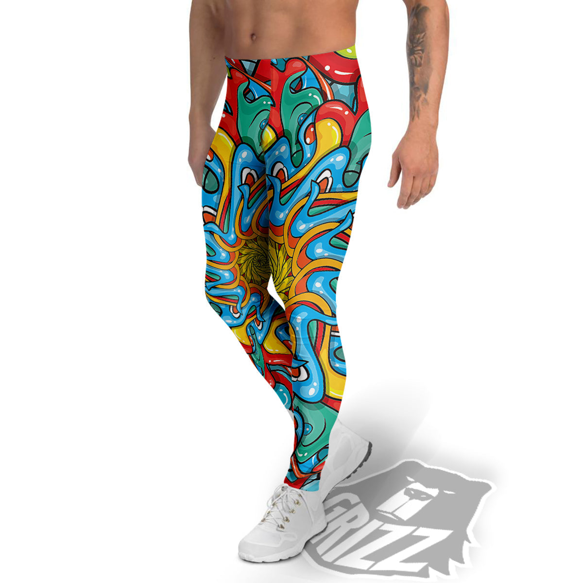 Multicolor Psychedelic Hippie Print Men's Leggings-grizzshop
