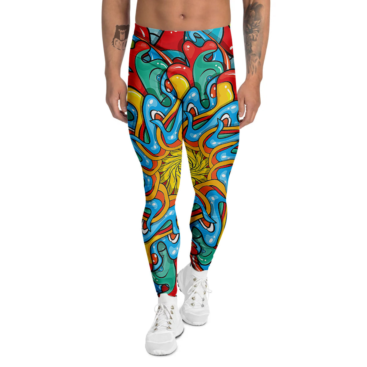 Multicolor Psychedelic Hippie Print Men's Leggings-grizzshop