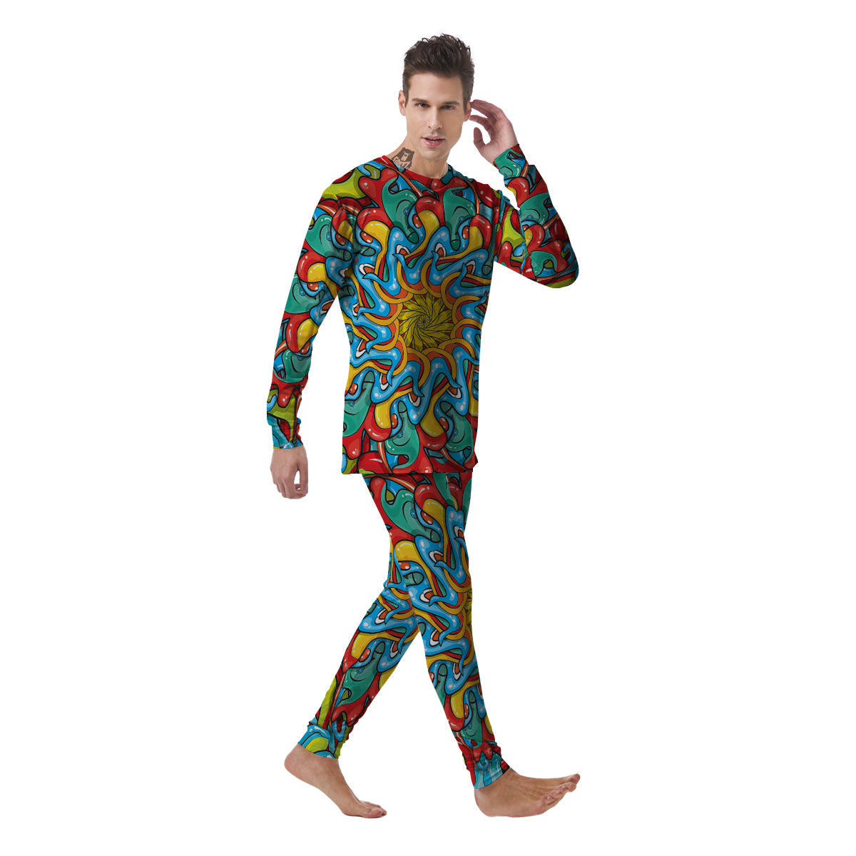 Multicolor Psychedelic Hippie Print Men's Pajamas-grizzshop