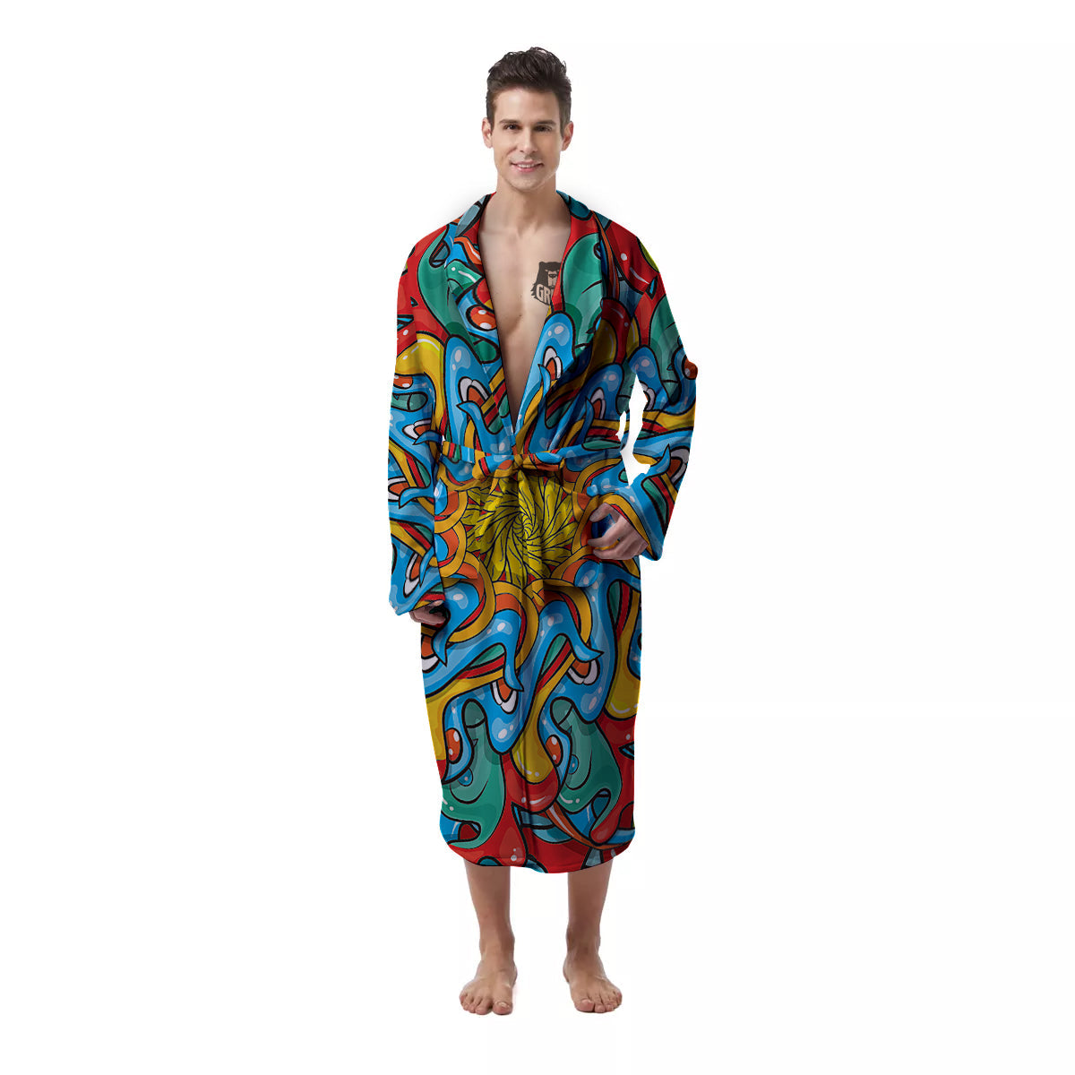 Multicolor Psychedelic Hippie Print Men's Robe-grizzshop