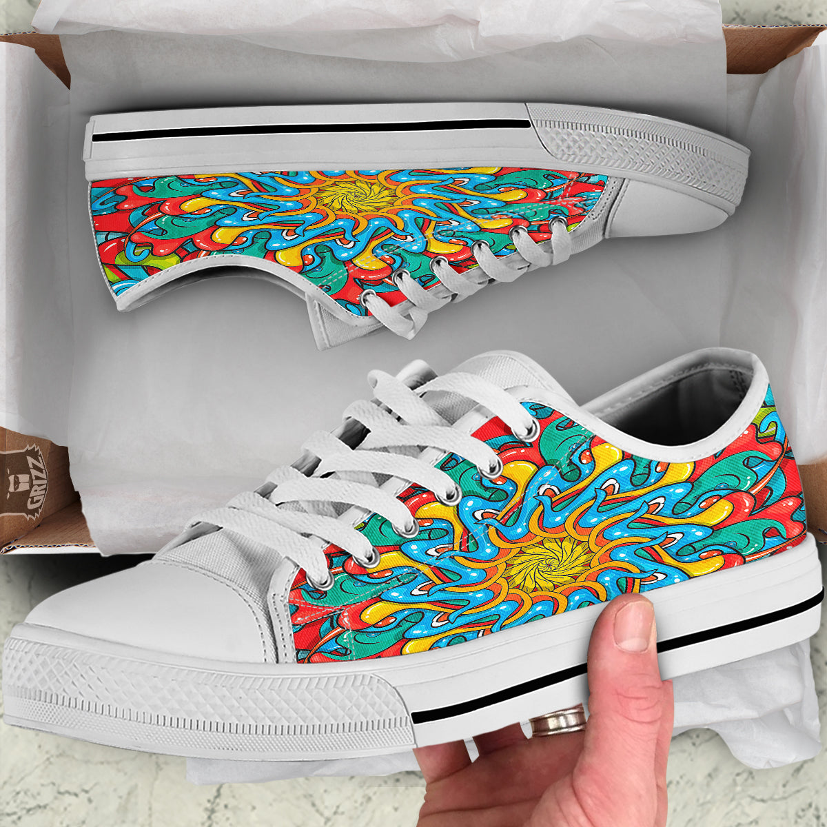 Multicolor Psychedelic Hippie Print White Low Top Shoes-grizzshop