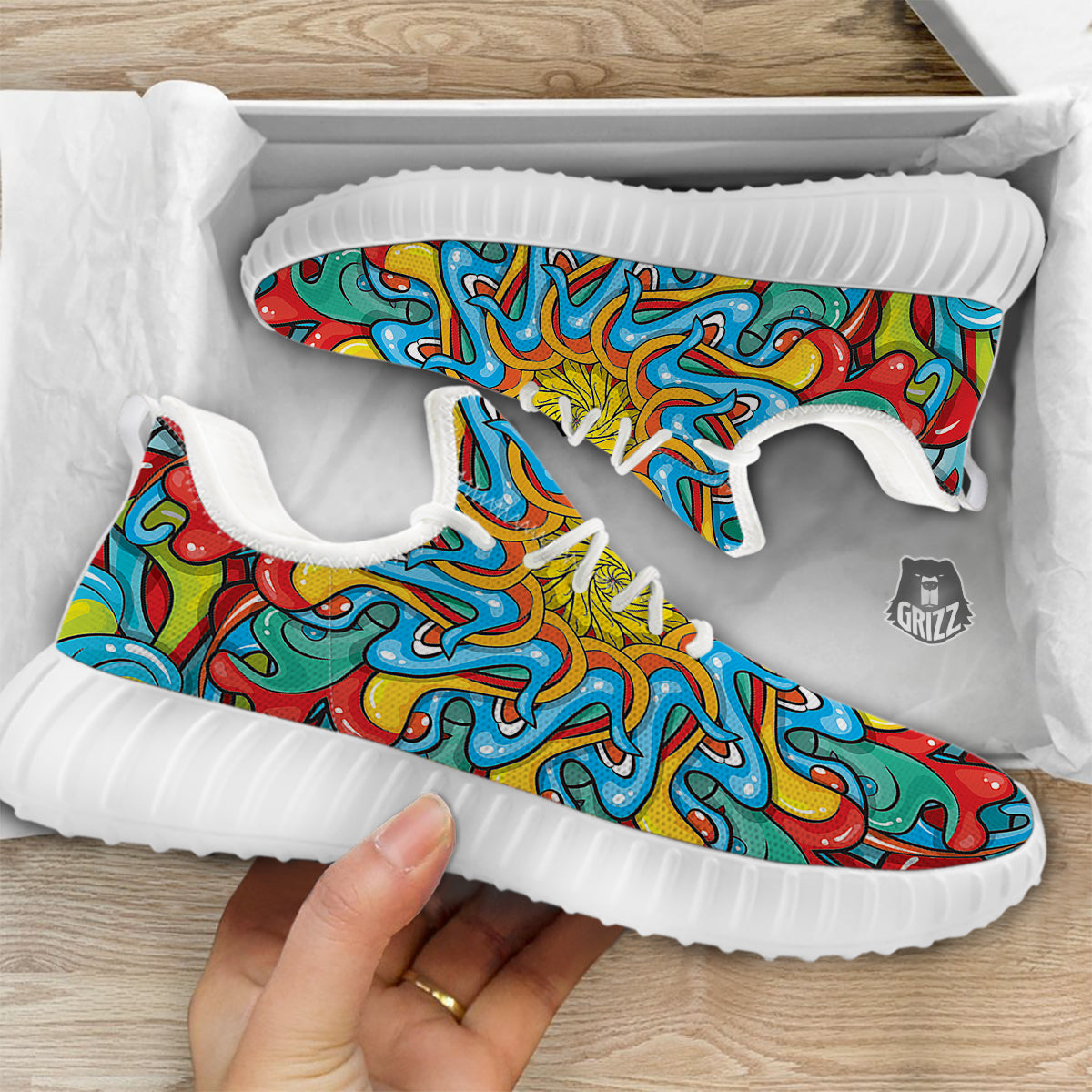 Multicolor Psychedelic Hippie Print White Walking Shoes-grizzshop