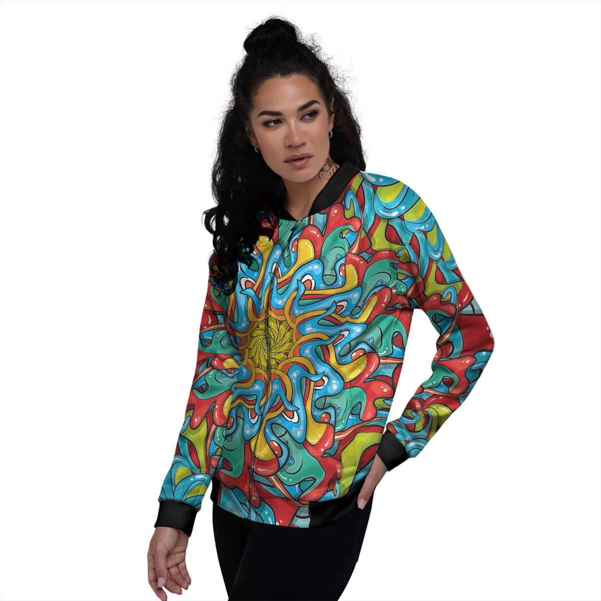 Multicolor Psychedelic Hippie Print Women's Bomber Jacket-grizzshop