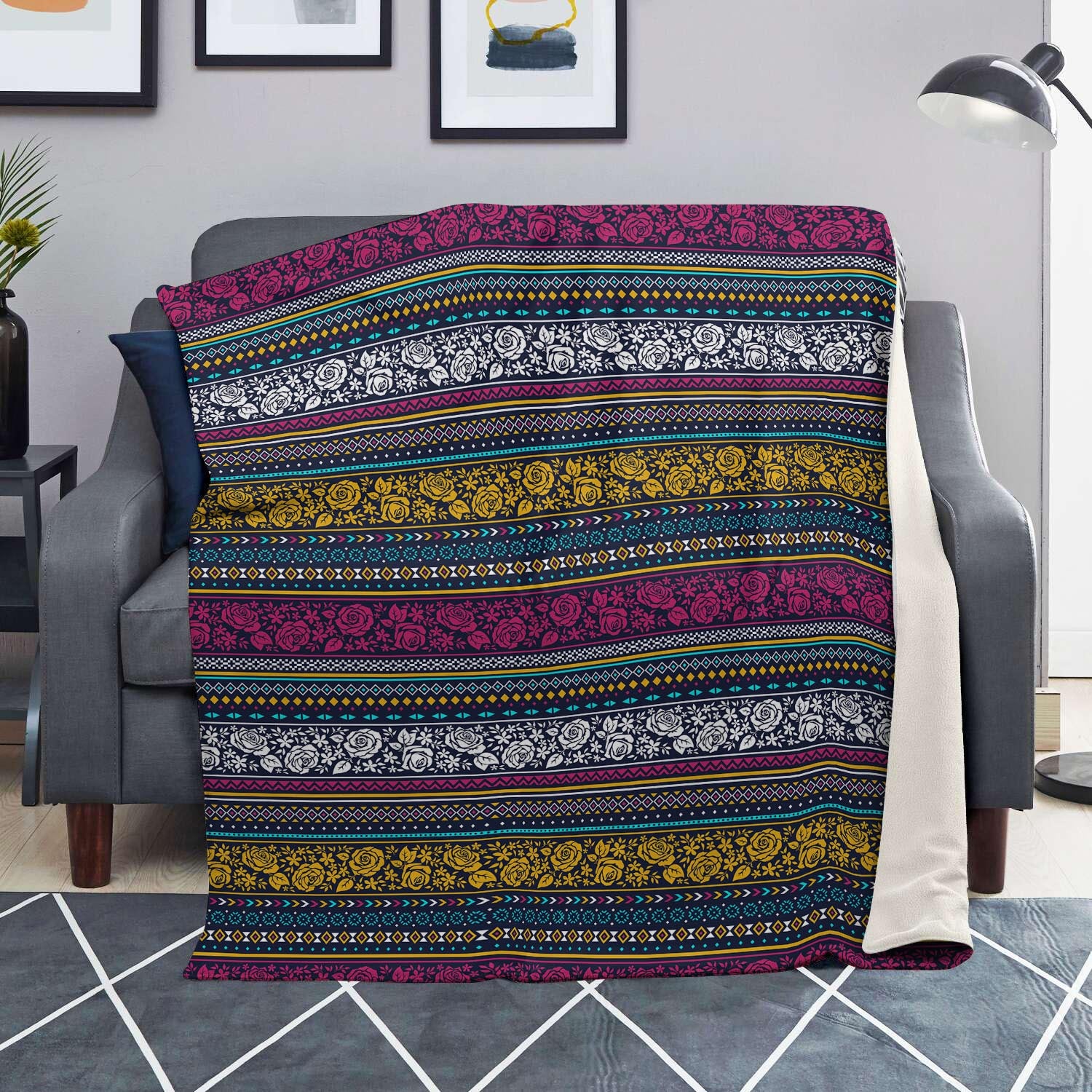 Multicolor Rose Floral Abstract Tribal Aztec Blanket-grizzshop
