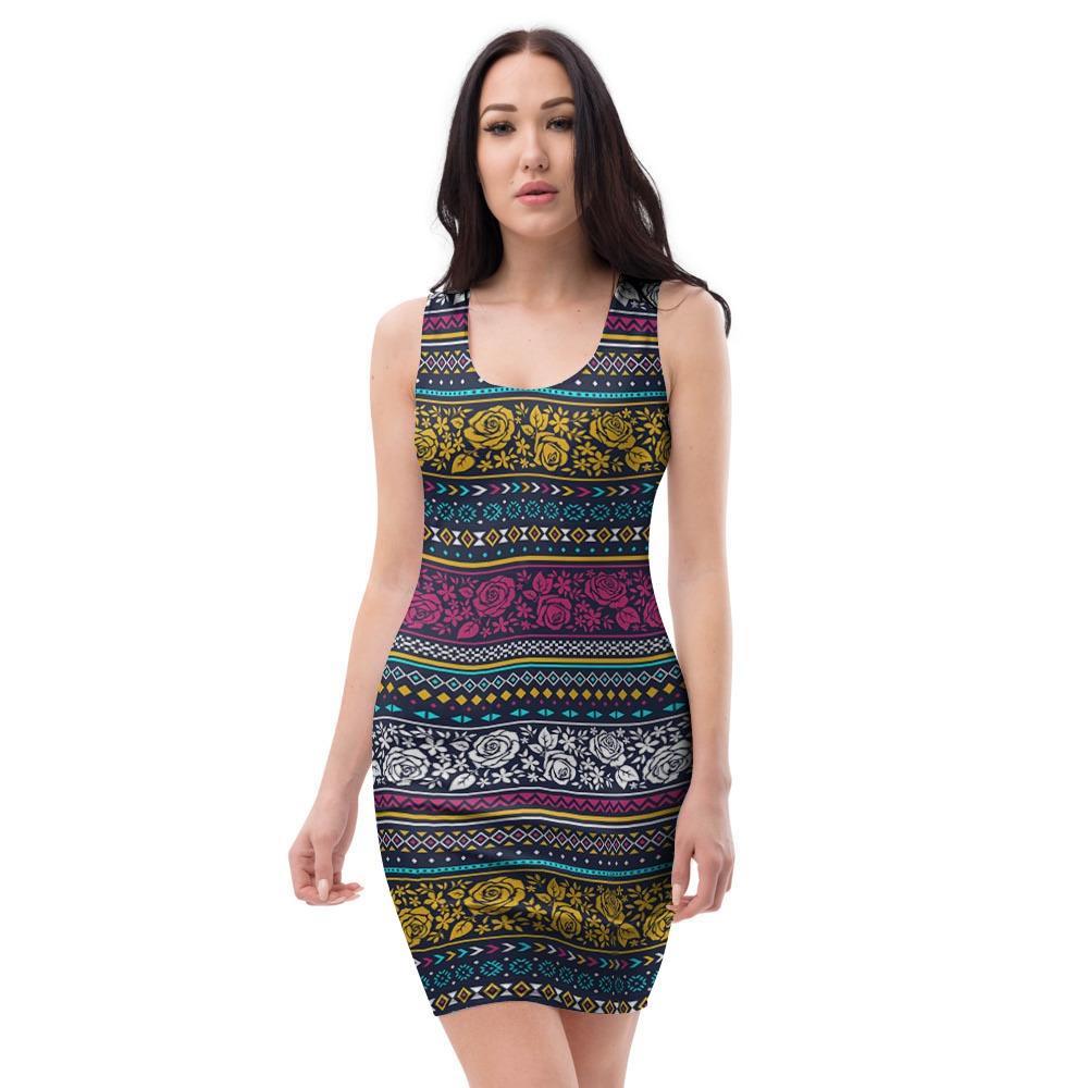 Multicolor Rose Floral Abstract Tribal Aztec Bodycon Dress-grizzshop