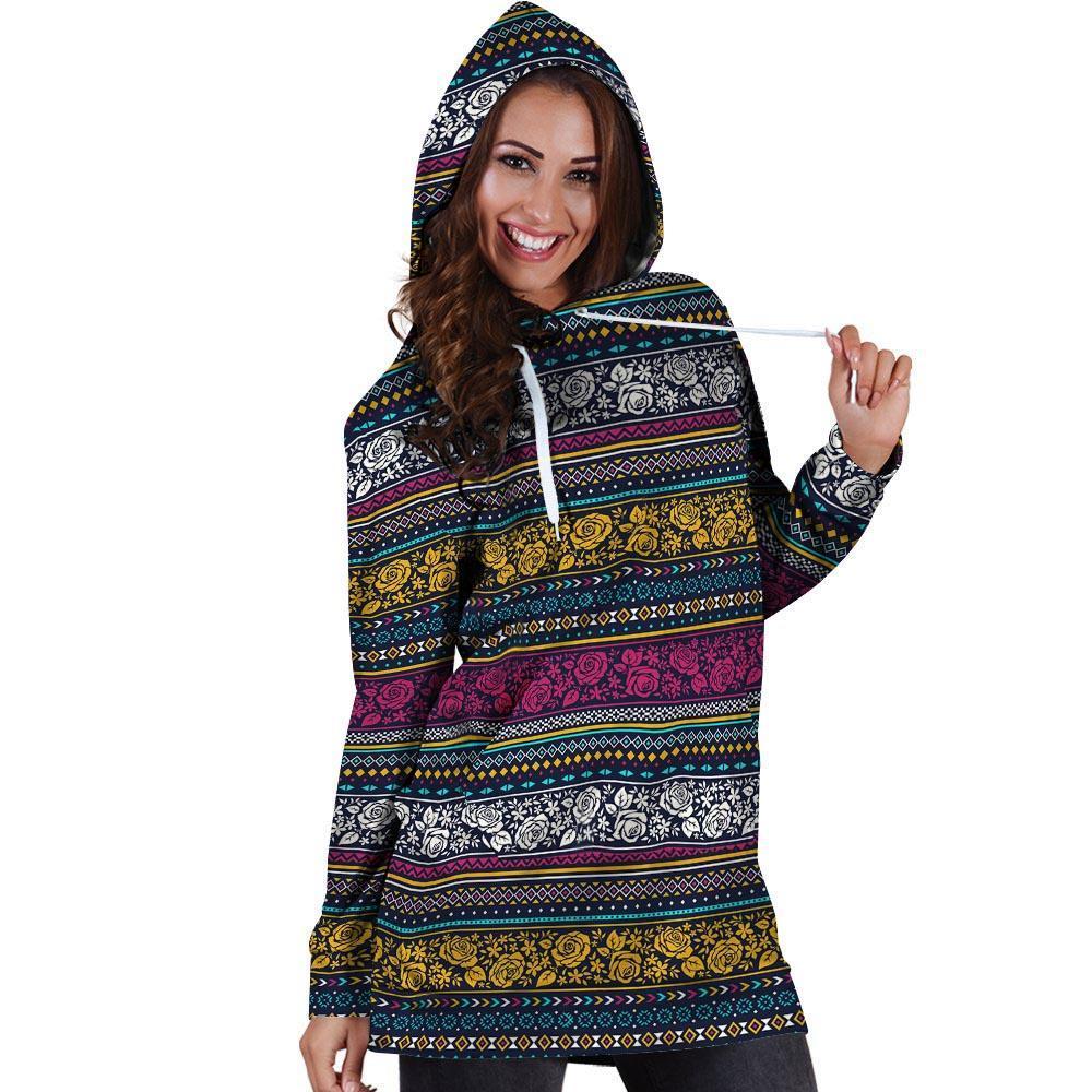 Multicolor Rose Floral Abstract Tribal Aztec Hoodie Dress-grizzshop
