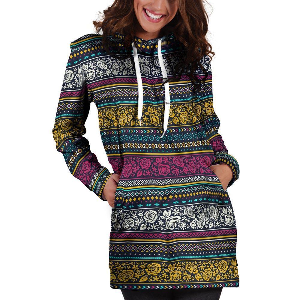Multicolor Rose Floral Abstract Tribal Aztec Hoodie Dress-grizzshop